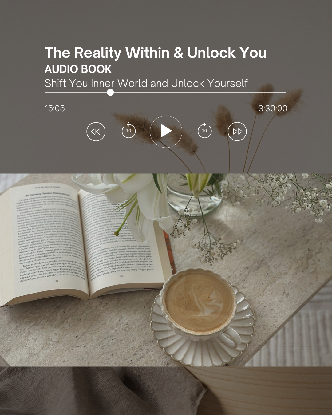 Open book with a cup of coffee and flowers on a table, overlay text 'The Reality Within & Unlock You' audio book